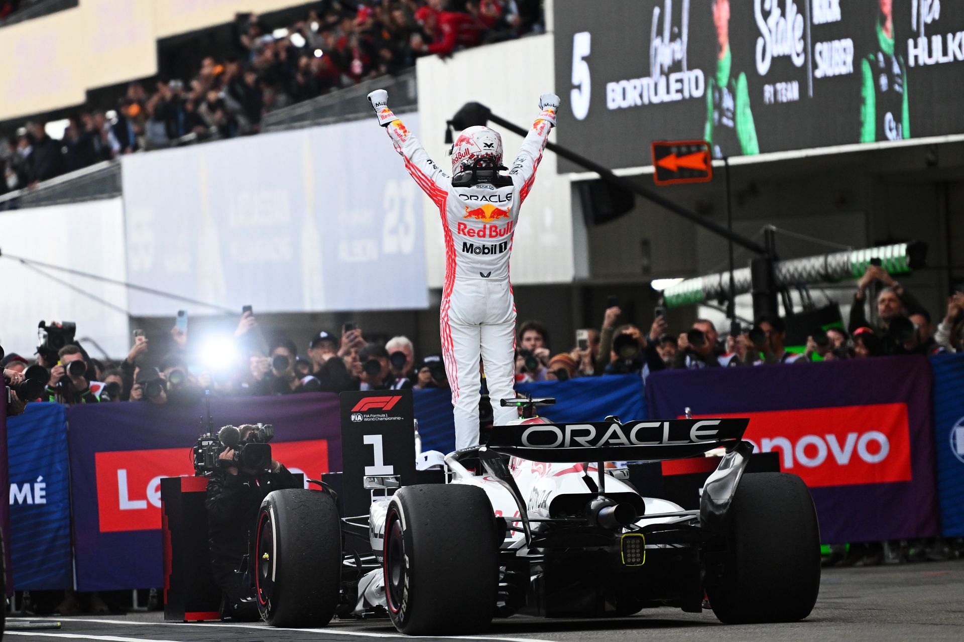 Max Verstappen celebrates on arrival in parc ferme during the F1 Grand Prix of Japan at Suzuka Circuit on April 06, 2025 - Source: Getty